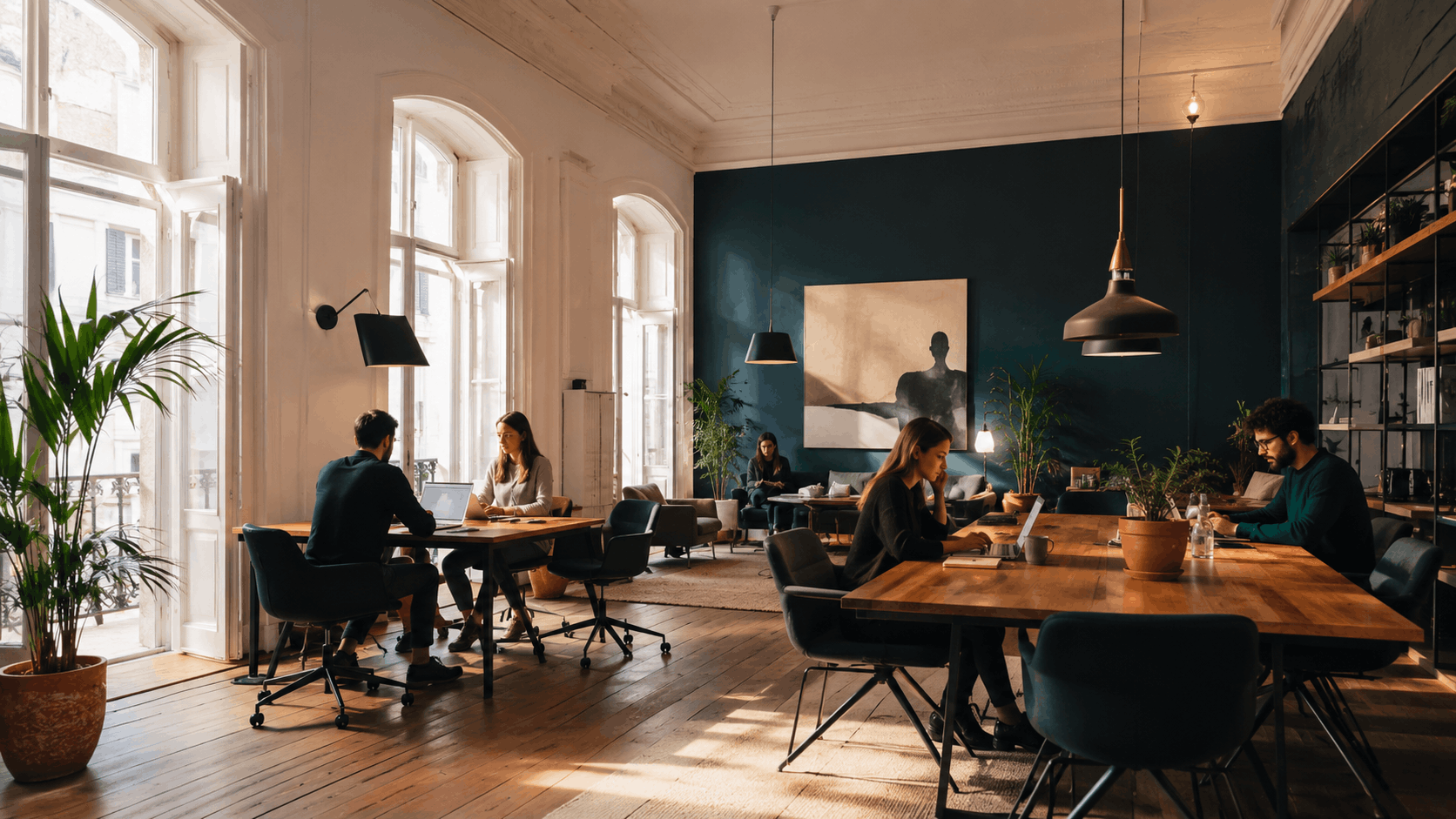 Espaço de coworking em Lisboa com luz natural, mesas de trabalho e arquitetura moderna