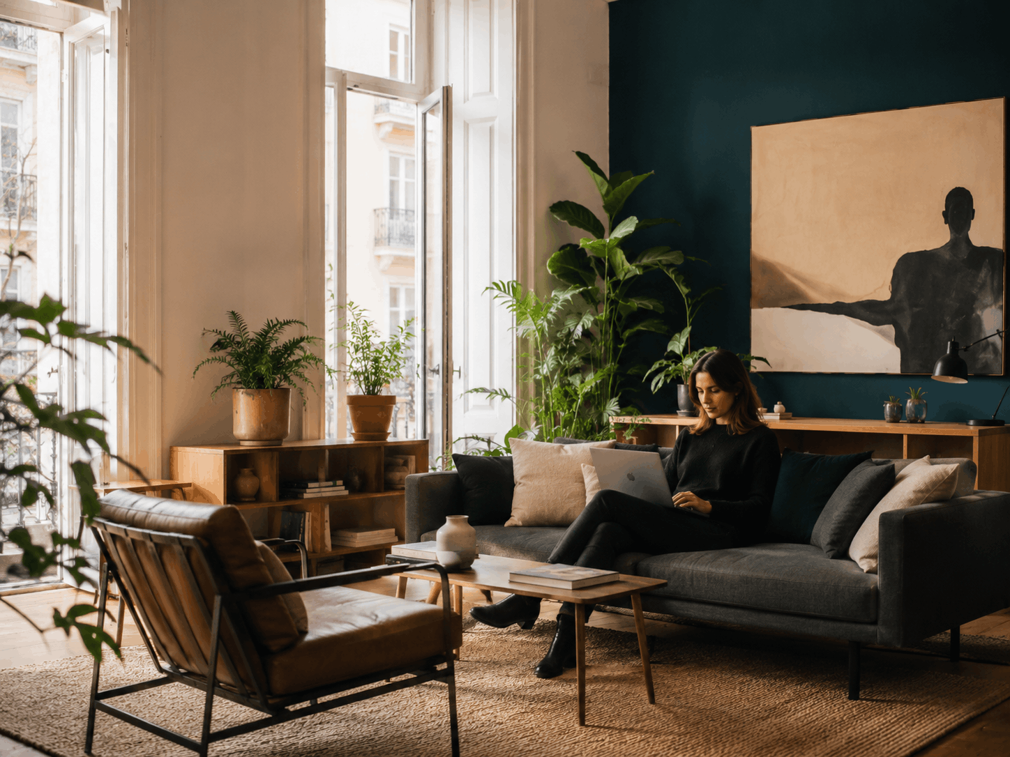 Zona lounge de coworking com sofá, plantas e portátil aberto