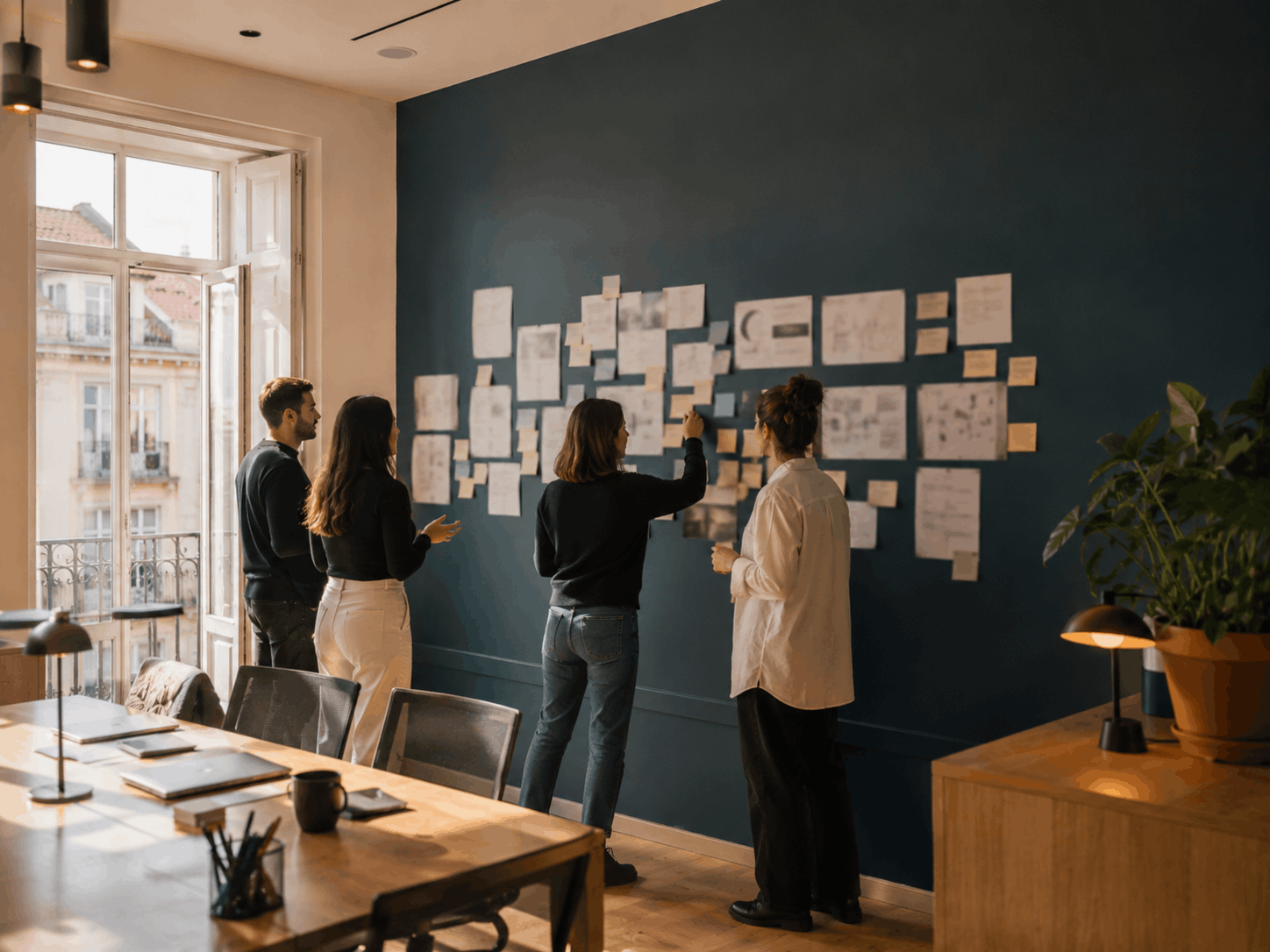 Parede de workshop com notas, desenhos e equipa criativa